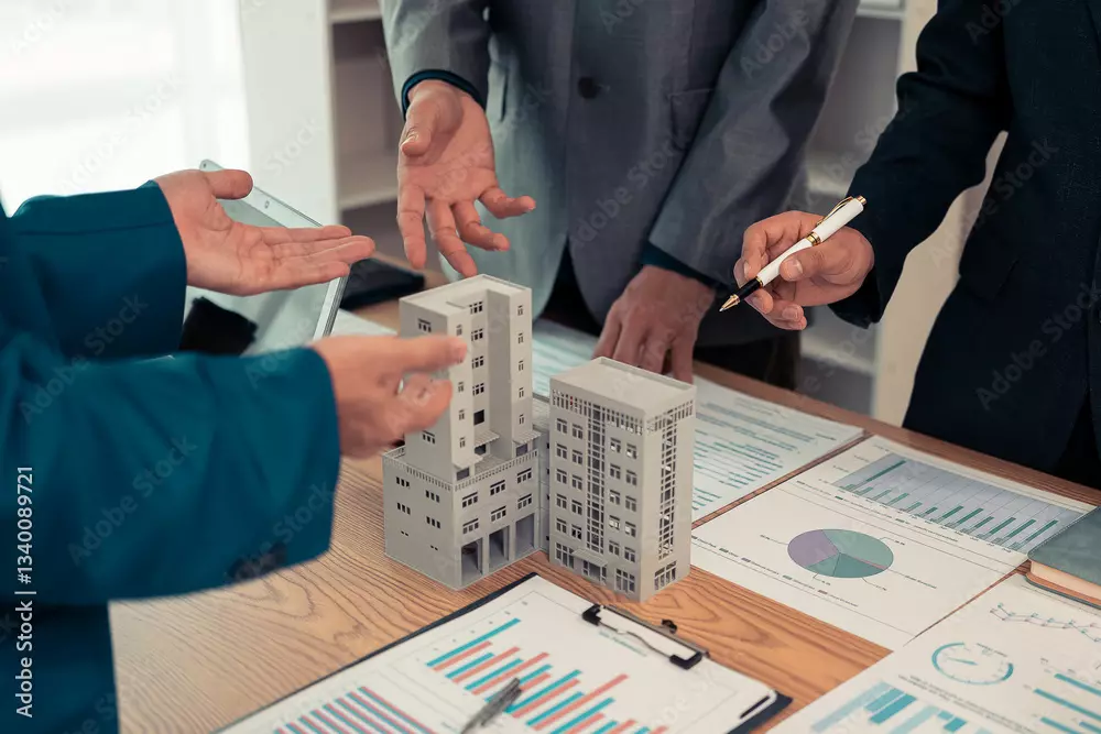 Un gruppo di professionisti discute un progetto edilizio, con un modello in scala di un edificio su un tavolo, mentre analizzano documenti e grafici.
